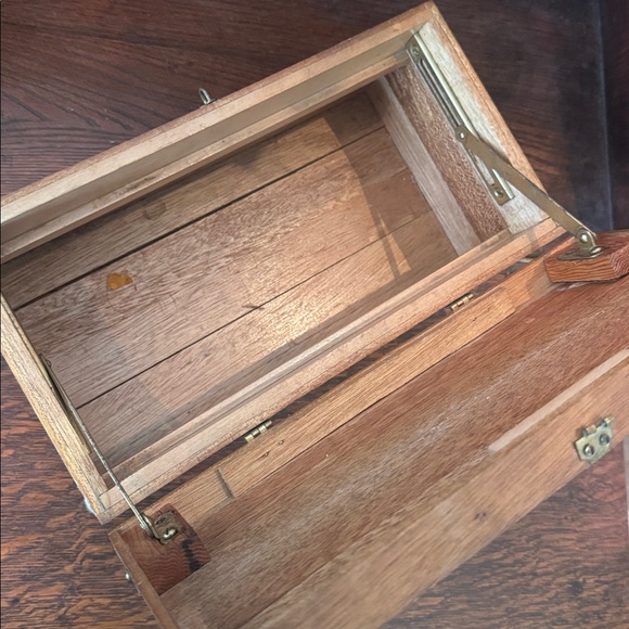 VTG MCM Rustic Wooden Storage Box with Brass Accents & Wooden Tray - Picture 17 of 17